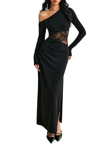 SweatyRocks Maxikleid Damen Elegant Langarm Off Shoulder Kleid Hochzeitsgast Spitzenkleid Bodycon Kleid Mit Schlitz Partykleid Winterkleid Schwarz S