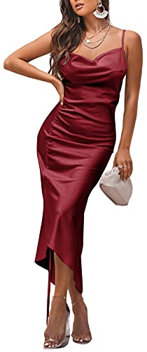 Women s Spaghetti Strap Cowl Neck Satin Maxi Slip Dress Sexy Adjustable Silk Dresses Red