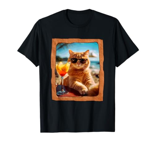 Gatto fresco rilassante con occhiali da sole Beach Cocktail Maglietta