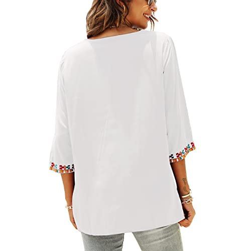 Women's Summer Boho Embroidery Mexican Bohemian Tops V Neck 3/4 Sleeve Causal Loose Shirt Blouse Tunic (White-2Xl) #TOP5