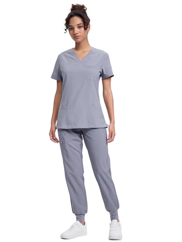 Women's V-Neck Scrubs Top & Cargo Pants Set, 10 Pockets, Yoga Waistband, 4 Way Stretch