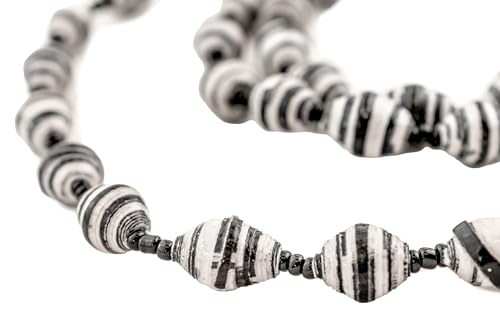 The Bead Chest Recycled Paper Bead Necklace from Uganda - Fair Trade African Jewelry (Black White Stripe)