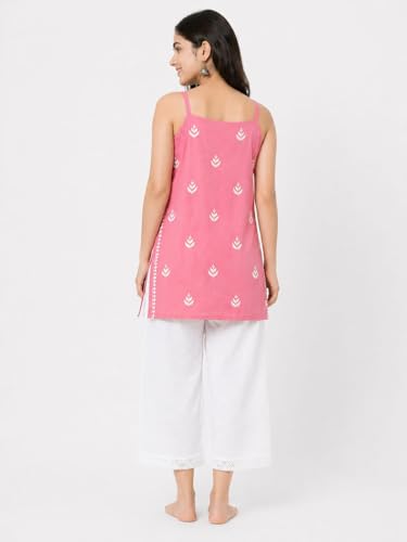 Image of Women's Chikankari Rayon Top Sleeveless Strappy Kurti | Embroidered A-Line Tunic for Women | Summer Ethnic Casual Wear Top with Spaghetti Straps