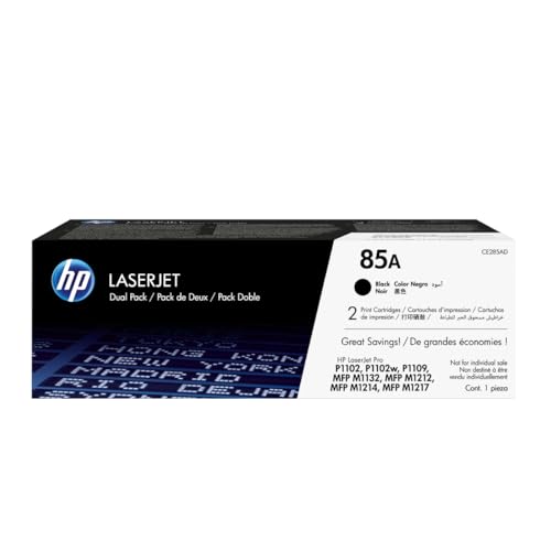 HP 85A Black Toner Cartridges (2-pack) | Works with HP LaserJet Pro P1102, P1109 Series, HP LaserJet Pro MFP M1212, M1217 Series | CE285AD