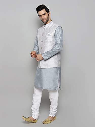 Image of Uri and MacKenzie Men's Silk Blend Kurta Churidar Pyjama with Stylish Nehru Jacket