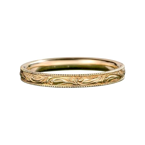 Vintage yellow gold engraved band wedding band Unique plain Ring