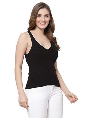 Image of Kalt Women Knitted, Ribbed Cotton Fitted Sleeveless V-Neck Cami Tank Top for Women Stylish