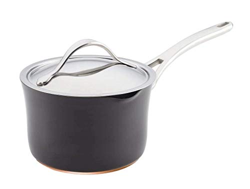 Anolon Nouvelle Copper Hard Anodized Nonstick Sauce Pan/Saucepan with Straining and Lid, 3.5 Quart, Gray