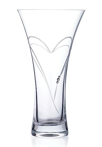 DIAMANTE Swarovski Trumpet Flared Crystal Vase "Hearts" - Hand Cut - 25cm, Clear
