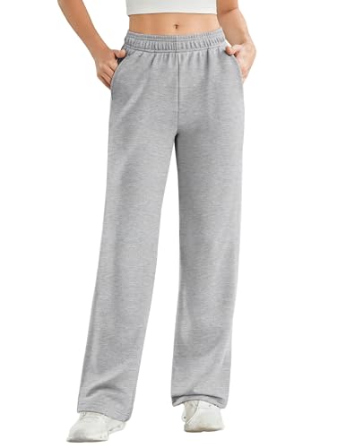 PINSPARK Straight Leg High-Waist Sweatpants Women Casual Lounge Wide-Legs Pants Interior Drawstring Active Fashion Sweat Pant Athletic with Pockets Petite Medium, Heather Light Grey
