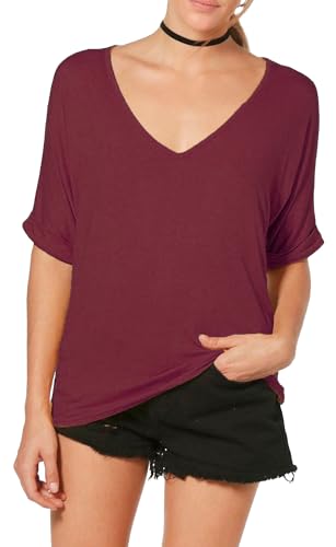 Photo de Re Tech UK - T-Shirt Oversize - pour Femme - col en V/Manches retroussées/Coupe Chauve-Souris - Style Casual - Tailles EU 36-54 - Vin Rouge - XL EU 44-46