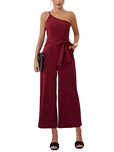 Umenlele Women's Casual One Should Strap Tie Waist Sleeveless Wide Leg Jumpsuit Romper With Pockets Wine Red Medium #TOP4