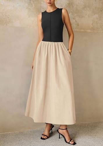 PRETTYGARDEN Maxi Dresses for Women 2025 Summer Casual Sleeveless Patchwork Flowy Vacation Sundress Knit Long Work Tank Dress3