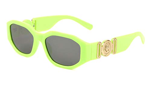 Slim Oval Gold Tiger Head Medallion Luxury Sunglasses (Neon Green & Gold Frame, Silver Mirror Lenses)