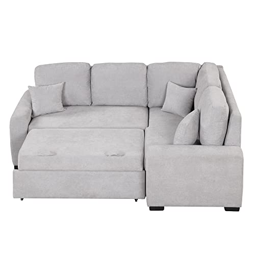 Merax 76.7" Sectional Sofa Bed With Sleeper, Usb Charging Port And Plug Outlet, L Shape Couch With Chaise And 3 Pillows Love Seats, Linen Grey #TOP2