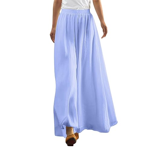 Womens Cotton Linen Pants Elasticated High Waisted Wide Leg Palazzo Lounge Smart Office Work Trousers Loose Lightweight Summer Beach Yoga Pants Flowy Casual Culottes with Pocket Blue