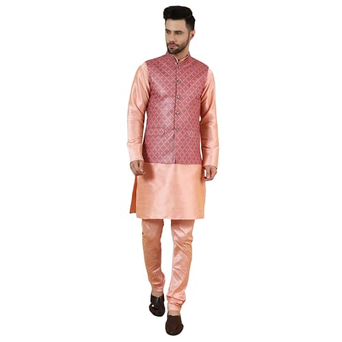 WINTAGE Men's Digital Print Cotton Silk Pink Modi Nehru Jacket & Kurta Payjama Set