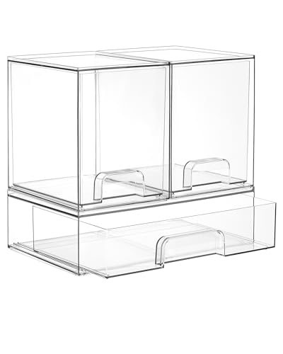 Image of Vtopmart Stackable Storage Drawers Set of 3, Clear Plastic Organizer Bins for Bathroom Supplies, Ideal for Cabinet,Shelf, Pantry, Laundry Room Organization