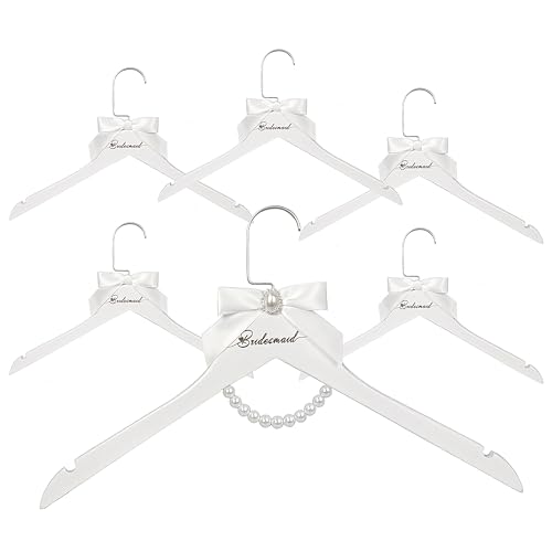 6 Pcs Bridesmaid Hangers White Wooden Wedding Bride Hanger with Bow and Pearl Necklace for Wedding Dresses Bridesmaid Dresses Gowns (6 Bridesmaid Hangers)