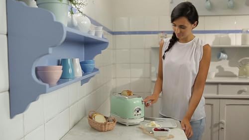 Ariete Grille-Pain 2 Tranches Vintage 155, Grille-Pain 6 Niveaux de Grillage, Éjection Automatique, Fonction Décongélation, Tiroir Ramasse-Miettes Amovible, Acier Inoxydable, avec Pince, 810W, Bleu