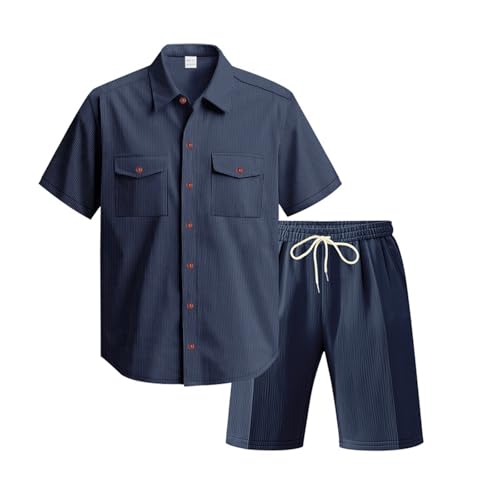Suéter táctico genérico en conjunto de 2 piezas para hombre, pantalones cortos de verano casuales, camisa de pana y pantalones cortos, chándal de playa grandes y grandes suéteres para hombres, azul