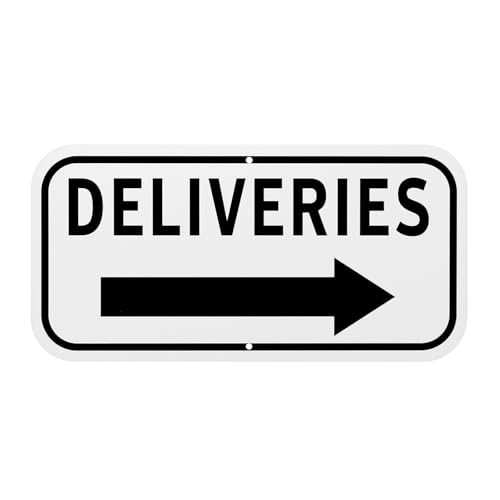 M METERXITY 1-Pack Deliveries Sign with Right Arrow, 12 x 6 Rust Free Aluminum Front Door Sign Deliveries Instructions for Package for Home/Office [Black on White]
