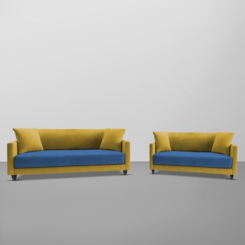 Image of Casaliving Dominic 3 + 2 Seater Sofa Set for Living Room (Blue Yellow) Premium Fabric Sofa