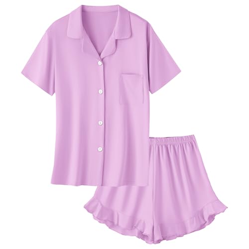 Umeyda Girls Pajamas Set, 2Pj Nightwear Button-Down Sleepwear for Kid Kid Lounge Sets, Light Purple, 11-12 Years = Tag 160