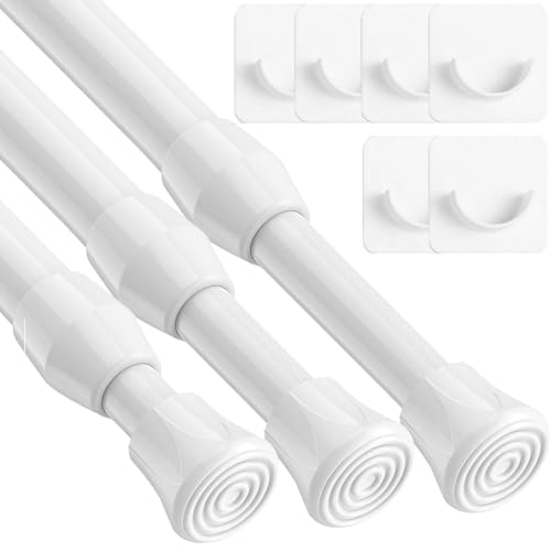 3PCS Spring Tension Rod for Net Curtains Strong Extendable Curtain Rod with 6PCS Rod's Holder for Bathroom, Window, Bookshelf 60-80CM/23.6-31.5Incn (Diameter:13mm) White