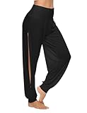 AvaCostume Womens Harem Yoga Pants Side Slit Sport Workout Sweatpants Black M