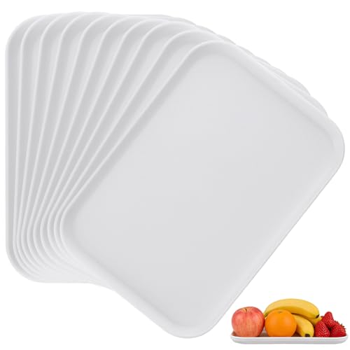 CHEUNGR 10 Pcs Plastic Serving Trays, White Food Tray Reusable Rectangle Serving Platter for Party, Wedding, Fast Food, Restaurant,24x17x1.5 cm