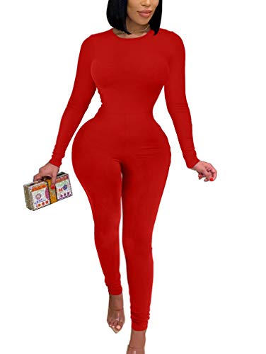 XXTAXN Women's Sexy Long Sleeve Bodycon Tight Full Length Jumpsuits Rompers Red