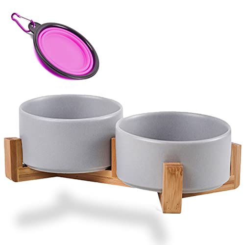 Petygooing Ceramic Dog Bowl Set with Wood Stand, Grey, 13.5OZ/5.1 in, Suitable for Cats & Small Dogs