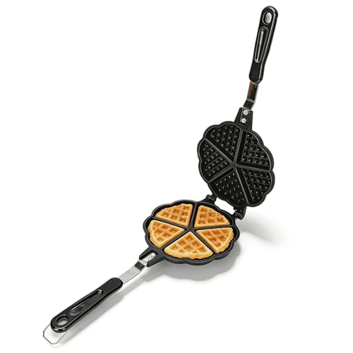 HERCHR Waffle Pan Maker, 5.9in Waffle Maker Double Sided Mini Pancakes Maker Machine, Portable Waffle Baking Pan Skillet Non Stick Camping with Long Handle for Family Breakfast Baking