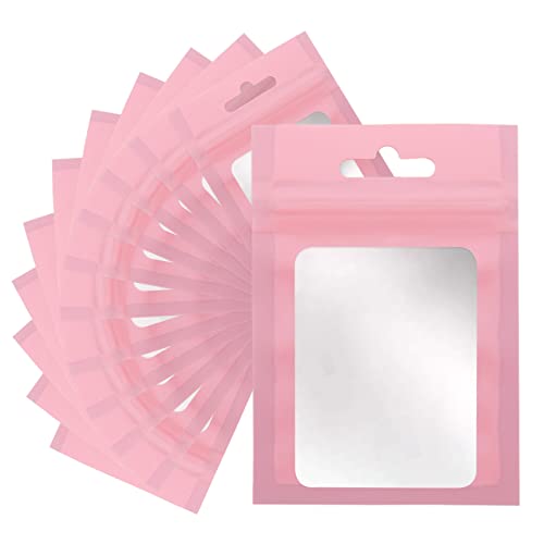 Joycraft 100pcs Mylar Bags - 4x6 Inch, Resealable Zip, Matte Pink Plastic with Clear Window, Cute Small Bags for Jewelry, Candy, Data Cable