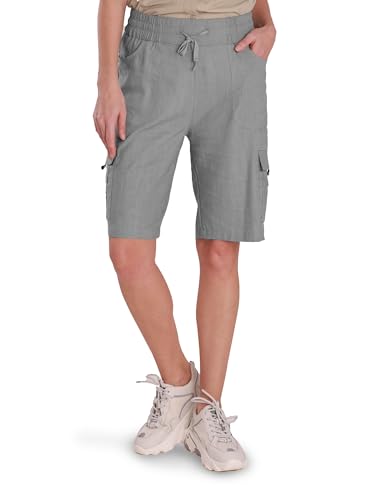 LIFOMO Women's Shorts 10'' Inseam Linen Hiking Cargo Shorts Summer Bermuda Drawstring Lightweight Casual Comfy with Pockets, Grey, S