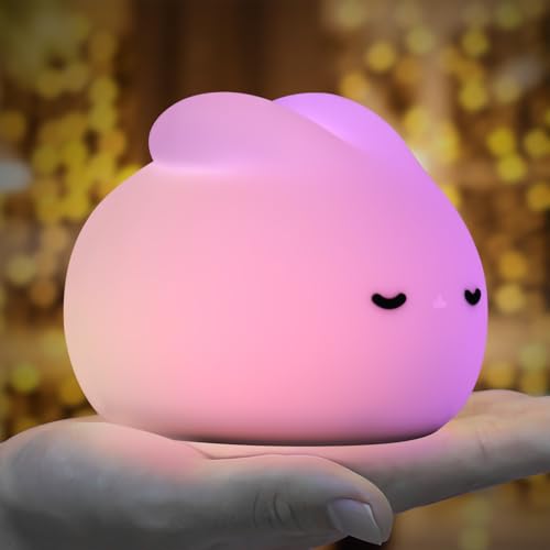 Cute Bunny Night Light, 3 Level Dimmable Nursery NightLight for Kids, Rechargeable Silicone Squishy Rabbit Lamp with Tap Control & Timer for Breastfeeding Toddler Baby Kids Decor Gift