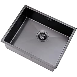 GLANZHAUS Fregadero rectangular de acero inoxidable para cocina con escurridor, montaje bajo y empotrado, 54 x 44 cm, color negro