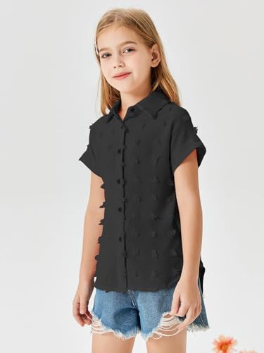 Image of Haloumoning Girls Button Down Shirts Short Sleeve Kids Casual Chiffon Blouse Summer Tops T-Shirt