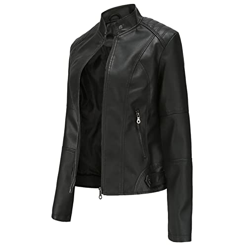 Lu's Chic Women's Faux Leather Jacket Long Sleeve Outerwear Zipper Fall Full Zip Spring Jackets & Coats3