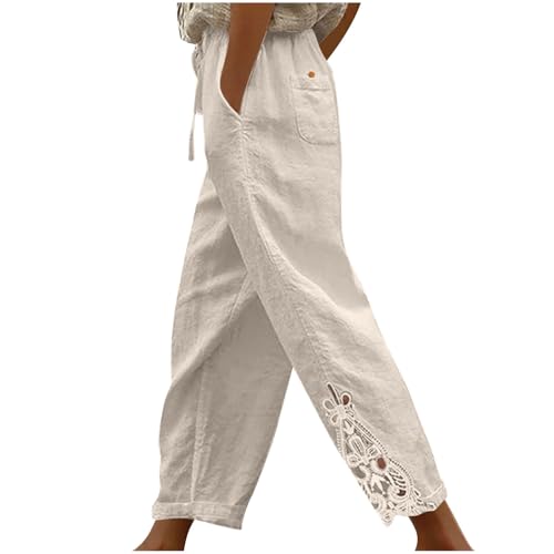 HGps8w Lace Patchwork Linen Pants for Women Elastic Waist Comfy Casual Solid Versatile Loose Work Trousers with Pockets