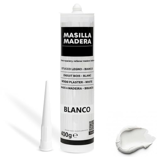 Masilla Madera Blanca, Ideal para rellenar y y reparar madera al interior, Masilla lista al uso, Rellenadora de agujeros, Formato cartucho para pistola, Color Blanco, Contiene 400 gramos