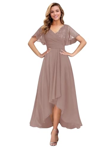 Lace Chiffon Tea Length Mother of The Bride Dress for Women Ruffle Sleeves High Low Corset Formal Dress