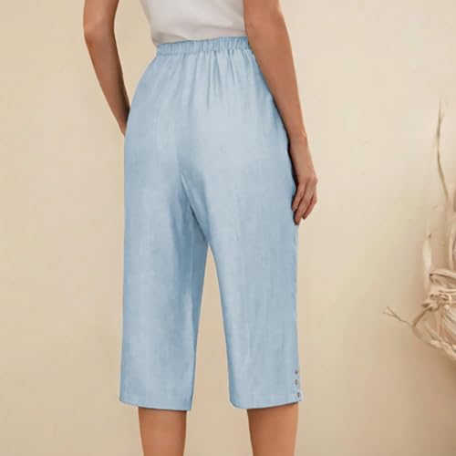 gokkilrw womens linen capri pants with pockets elastic waist drawstring dressy casual crop pants wide leg lloose boho capris