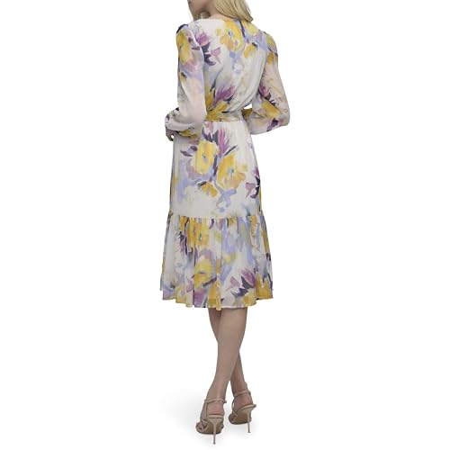 Image of DKNY Women's Long Sleeve V-Neck Tie Waist Midi Dress