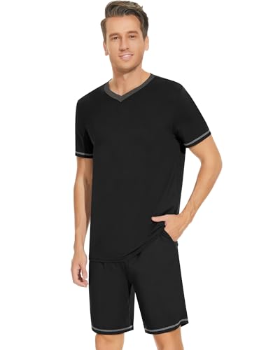 Image of NACHILA Pajamas for Men Pj Short Sleeve Sleepwear with Shorts V Neck Loungewear Cool Pajama,Viscose Made from Bamboo