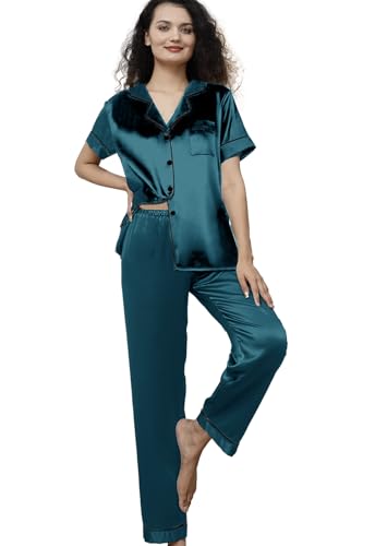 Image of WJing Yi Jia Womens Pajamas Set XS-4XL Floral Silk Satin Pajama Sets Silky Pj Sets 2Pcs Loungewear Sleepwear Button Down Pjs