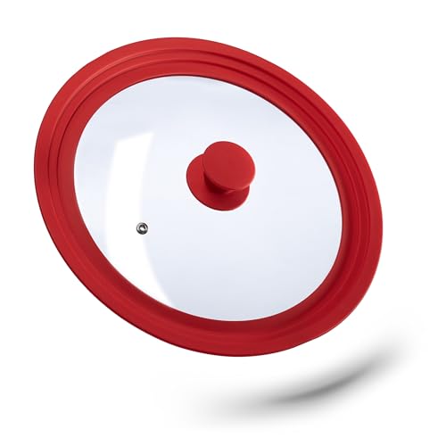 Relaxdays Coperchio Universale in Vetro, con Bordo in Silicone per Pentole & Padelle 26-30 cm, HxD: 5 x 31,5 cm, Rosso