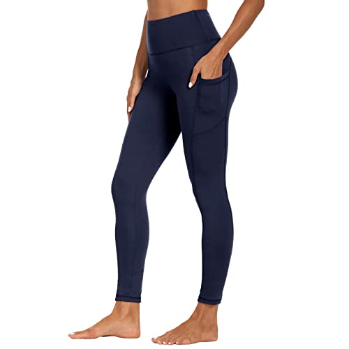 High Waist Yoga Pants with Pockets for Women- Tummy Control 4 Way Stretch Workout Running Yoga Leggings (Navy Blue, Medium)