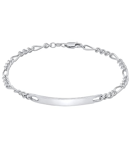 Kuzzoi Pulsera de identificación de Plata para Hombre, Hecha a Mano Figaro (4 mm) de Plata de Ley 925 Maciza Pulida, Pulsera para Hombre con Placa grabada y mosquetón Cover